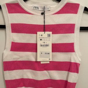 Zara Cropped Pink and White Striped Knit Top Size M NWT